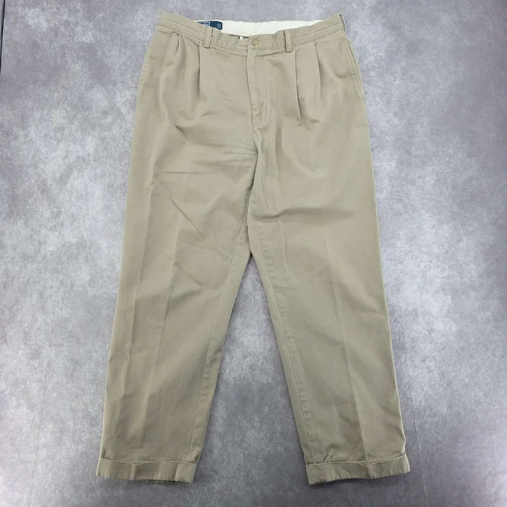 VTG Polo Ralph Lauren Hammond Pants Mens 36x30 Khaki Chino Double Pleated Cuffed